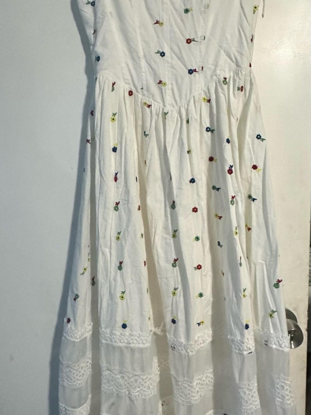 White Embroidered Cotton Maxi Dress with Multicolor Floral Dots